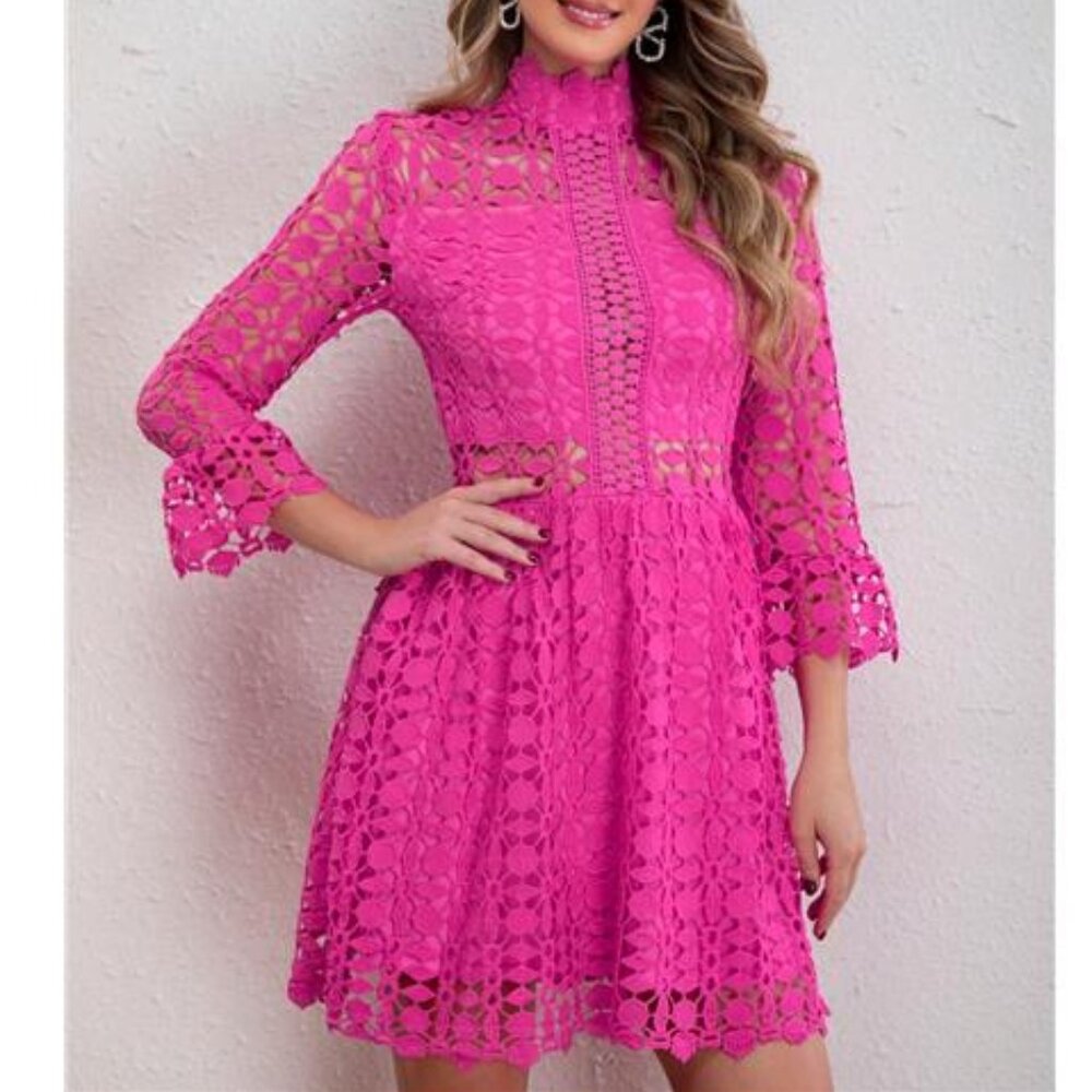NEW - Elegant Hot Pink Women Stand Collar Flared Sleeve Hollow Lace‎ - Picture 5 of 6